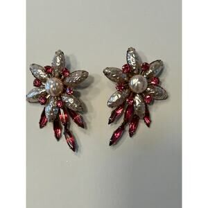 Vintage Faux Pearl & Rose Pink Rhinestone Floral Clip Earrings – 2” Statement